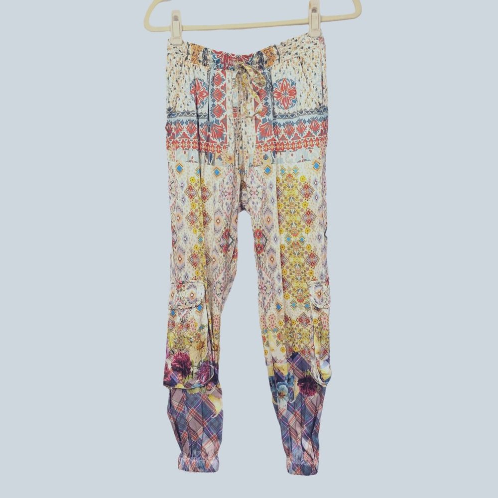 Johnny Was Landa Printed Drawstring Satin Cargo Pants Size XS